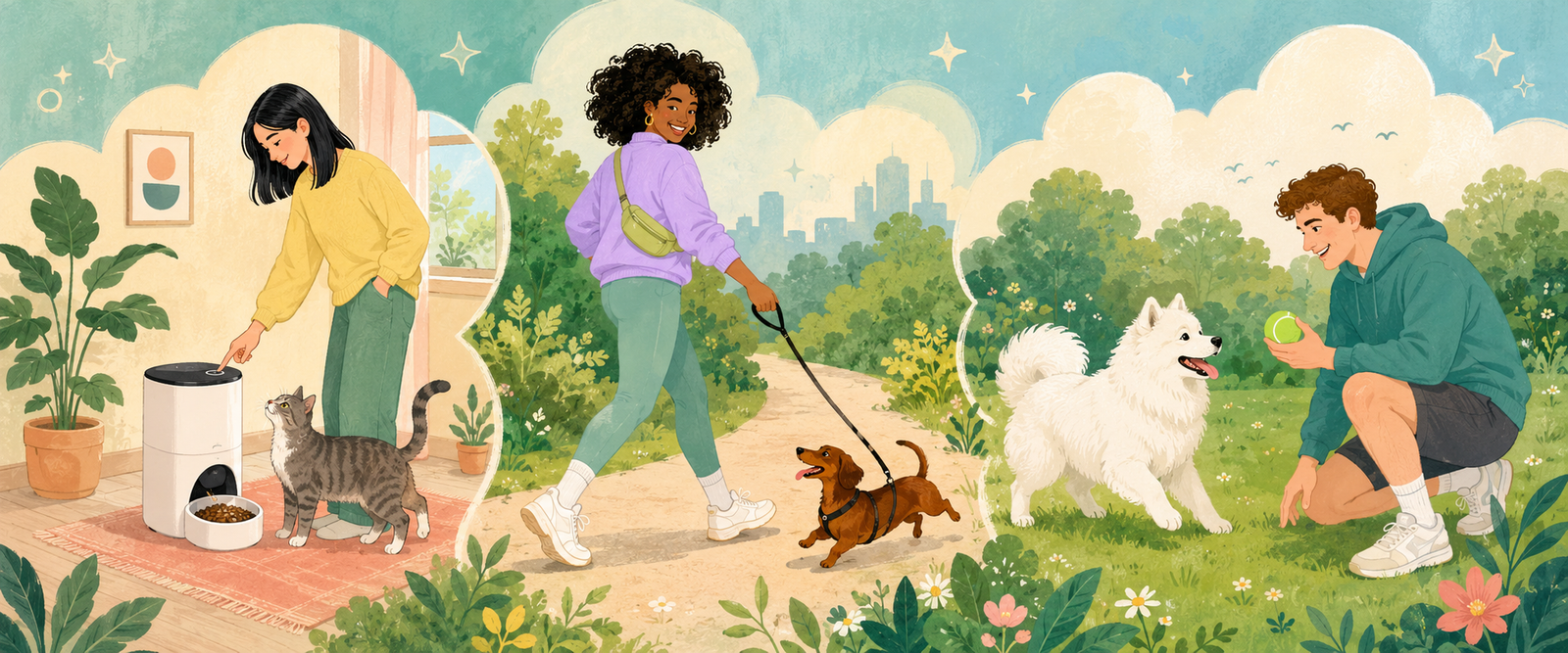 
        Everyday life with pets including feeding,
        walking and playing together
        